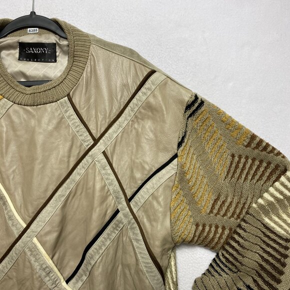 VINTAGE Saxony Sweater Mens L Brown Geometric Leather Pullover Knitted - Picture 2 of 12
